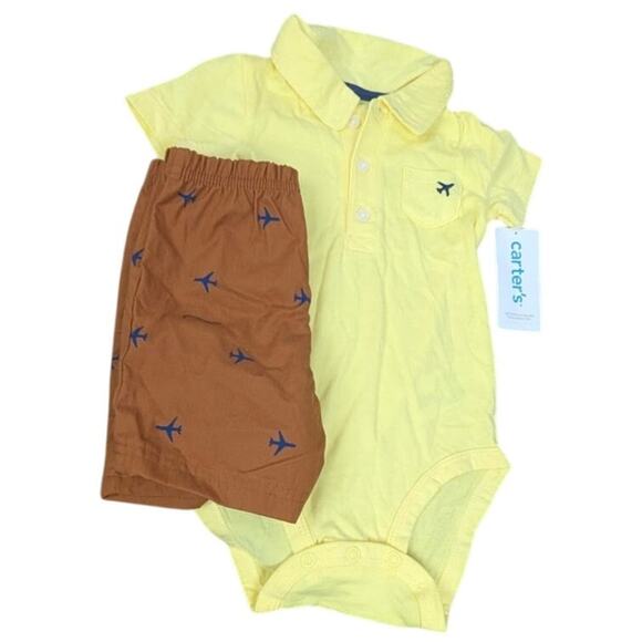 Carter's 2-Piece Polo Bodysuit & Short Set Baby Boy 12mos Yellow Brown - Picture 2 of 5